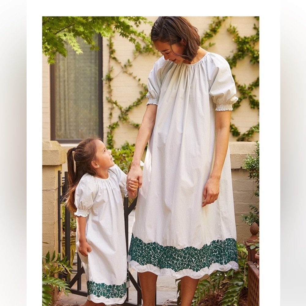Mi Golondrina Pale Green Striped Midi Dress with Dark Green Embroidered Hem